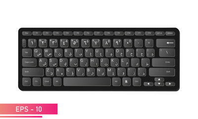Arabic English keyboard in stylish black color with symbols on the keys. Realistic design. On a white background. Devices for the computer. Flat vector illustration.