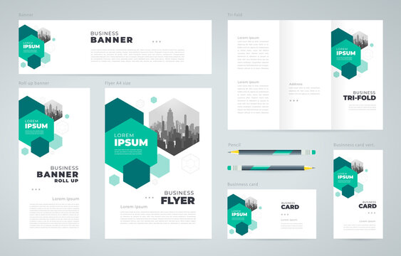 Abstract hexago theme Set flyer cover, tri-fold, banner, roll up banner, business card green color