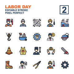 Icon set Labor day made with line color technique. Editable stroke and pixel perfect.