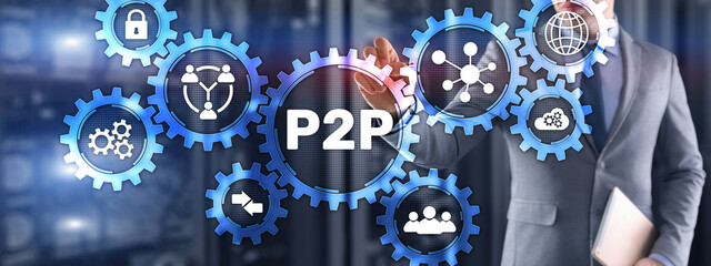Peer to peer P2P. Magnifying. Financial data business currency concept