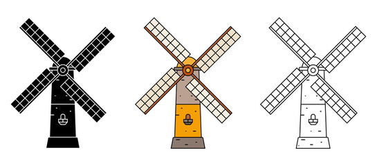Set of old windmill in three variations. Colorful, silhouette and outline. Vector flat illustration