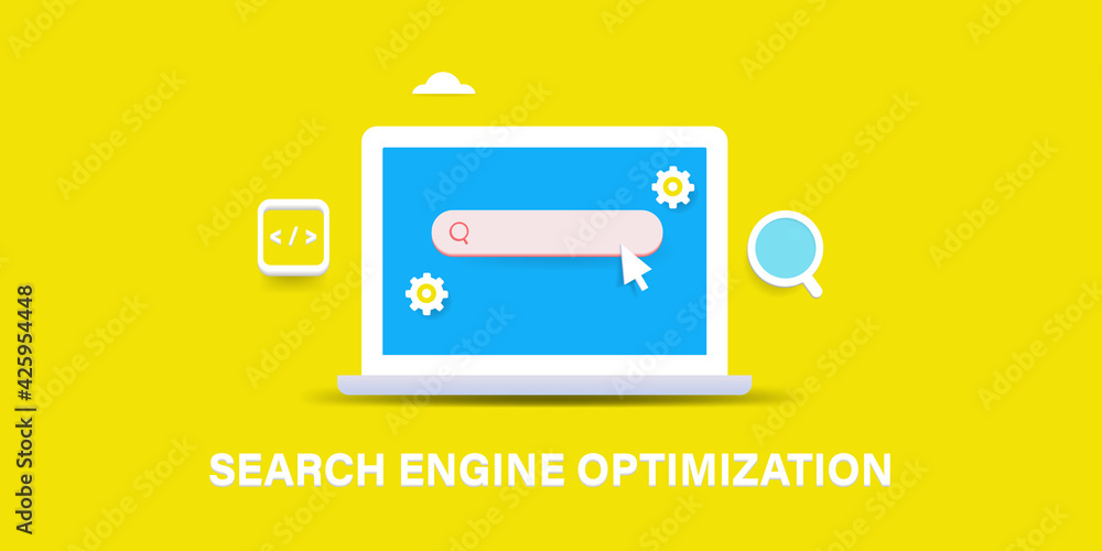 Poster 3d style seo - search engine optimization concept with abstract yellow background. digital marketing
