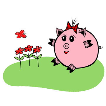 Pink Vector piggy fat girl sitting on a green grass with red flowers on a white background