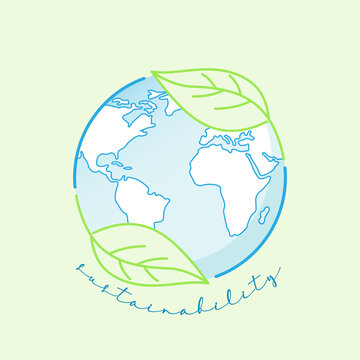Recycle Leaf As A Border Of Doodle Globe Represent Sustainability And Eco-friendly. Earth Day And Environment Icon. Vector Illustration Outline Flat Design Style.