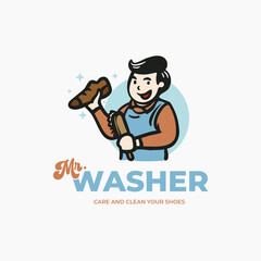 Shoes care and wash character mascot logo design template