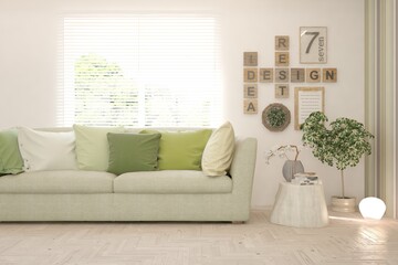Soft color living room with sofa. Scandinavian interior design. 3D illustration
