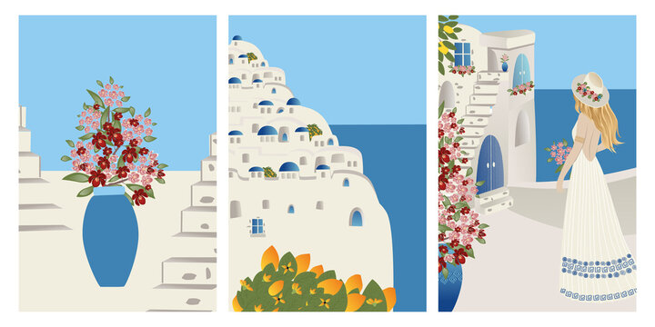Vector Set Summer vacation theme and inspiration. Beautiful girl tourist and abstract place, village  in Santorini, Spain, Greece and Italy. Travel Vector illustrations and design
