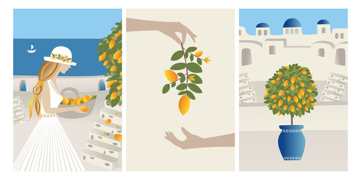 Vector Set Summer vacation theme and inspiration. Beautiful girl collects lemons from the tree into a basket.  Abstract place, village  in Santorini, Spain, Greece and Italy. 