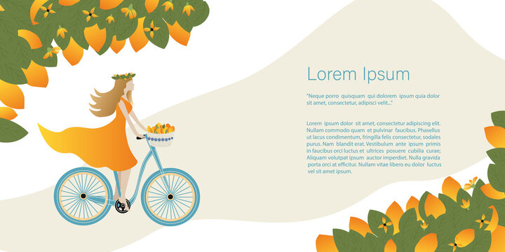 Sunny fruits, lemons, oranges concept. Beautiful girl rides a bicycle with a basket of lemons. Banner, template for a website with text. Travel Vector illustrations and .design