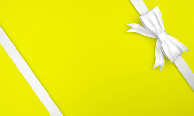 Blank yellow background with white diagonal ribbons and bow in the corner. 3d rendering - obrazy, fototapety, plakaty