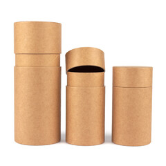 Set of different recyclable paper tubes, cardboard containers with paper caps for cosmetic or other packaging isolated on white background, mockup. Eco-friendly packaging concept. Selective focus