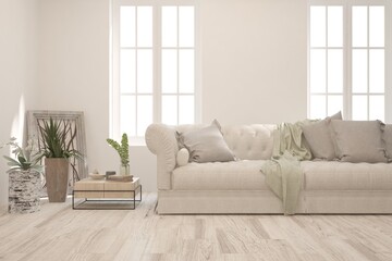 White living room with sofa. Scandinavian interior design. 3D illustration