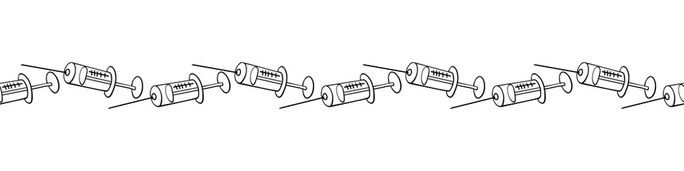 Edging, border, line of horizontal pattern of contour syringes. Vector decorative element on theme of injections, treatment, vaccination, health and medicine for medical design in doodle style