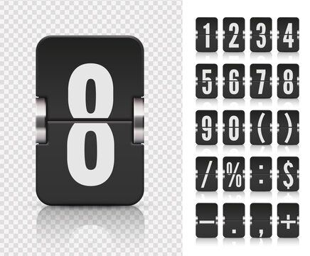 Flip number and symbol scoreboard with reflections on transparent background. Analog black countdown timer number font. Vector illustration template