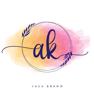 AK Initial handwriting logo. Hand lettering Initials logo branding, Feminine and luxury logo design isolated on colorful watercolor background.