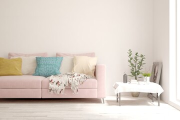 Soft color living room with sofa. Scandinavian interior design. 3D illustration