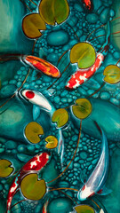 desktop wallpaper, goldfish in the lake, oil painting