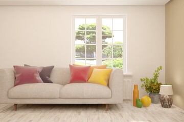 White living room with sofa and summer landscape in window. Scandinavian interior design. 3D illustration