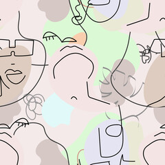 One line drawing. Abstract face seamless pattern.