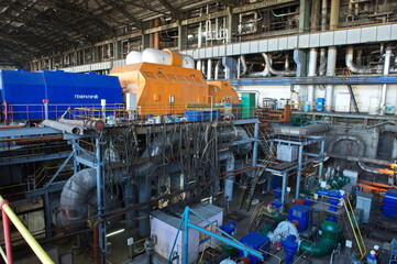 Pavlodar, Kazakhstan - 05.29.2015 : Hall of turbine generators at a thermal power plant