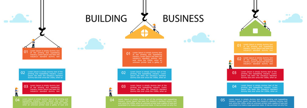 Set building infographic. tower crane and building color block.