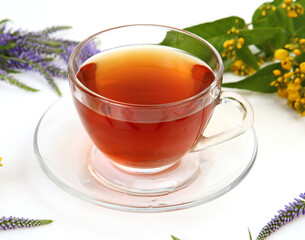 mug with tea and flowers