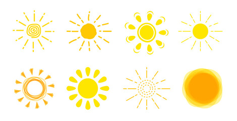 Sun icon set. Yellow sun sign collection. Summer, sunlight, nature, sky. Vector