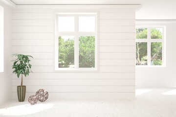 White empty room with summer landscape in window. Scandinavian interior design. 3D illustration