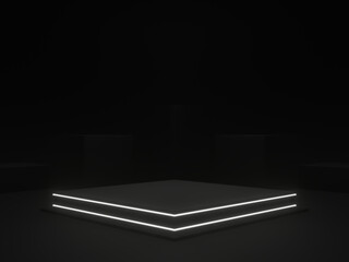 3D rendering. Black geometric stage podium. Dark background.