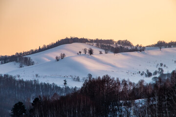 夕日に染まる冬の丘

