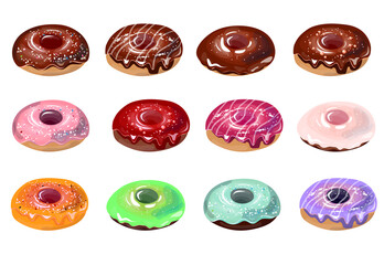 Traditional sweet pastry with glaze. Collection with different donates in chocolate and icing isolated on white background.  Illustration for restaurant and cafe menu and food projects.