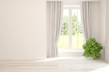 Obraz premium White empty room with summer landscape in window. Scandinavian interior design. 3D illustration