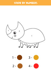 Color cute rhino beetle by numbers. Worksheet for kids.