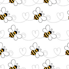 Seamless pattern with bees on white background. Small wasp. Vector illustration. Adorable cartoon character. Template design for invitation, cards, textile, fabric. Doodle style