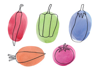 Vegetables drawn in a hand-drawn line on a background of a watercolor spot. Chili pepper, sweet pepper, eggplant, carrot and tomato. The lines are drawn with a black marker.