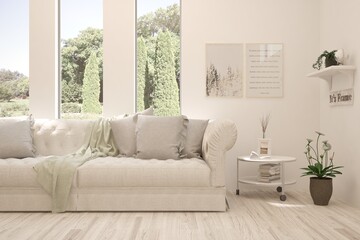 White living room with sofa and summer landscape in window. Scandinavian interior design. 3D illustration