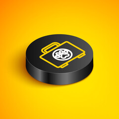 Isometric line Pet first aid kit icon isolated on yellow background. Dog or cat paw print. Clinic box. Black circle button. Vector