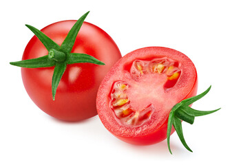 Organic tomato isolated on white background. Tomato and half tomato on white background. Tomato with clipping path