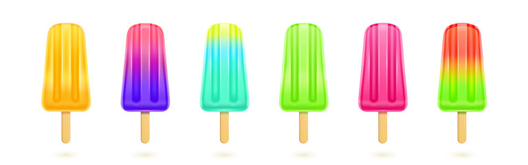 Fruit popsicle, colorful ice creams on wooden stick. Vector realistic set of frozen juice isolated on white background. Summer cold dessert from strawberry, kiwi, watermelon and lemon