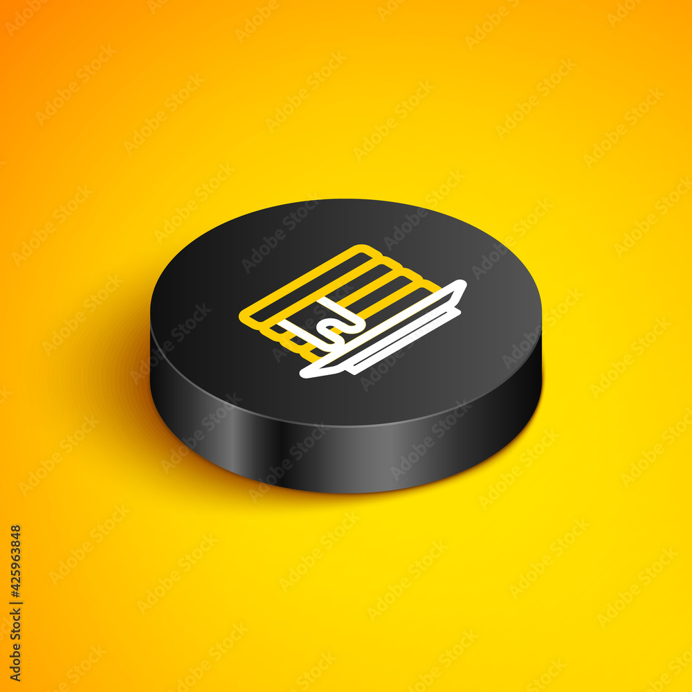 Poster Isometric line Stack of pancakes with honey icon isolated on yellow background. Breakfast concept. Black circle button. Vector