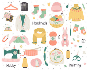 Set of Knitted Warm Winter Clothing and Knitting and Embroidery Tools. Flat Hand Drawn Elements for Handmade, Hobby,Needlework.Accessories and Yarn.Isolated on white background.Vector Illustration.