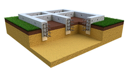 poured reinforced concrete wall basement. isolated design industrial 3D illustration