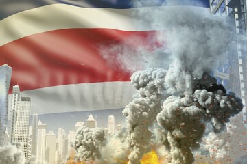 big smoke column with fire in abstract city - concept of industrial accident or terrorist act on Costa Rica flag background, industrial 3D illustration
