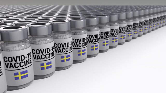 Seamless looping 3D animated bottles with covid-19 vaccine and the flag of Sweden in 4K resolution 