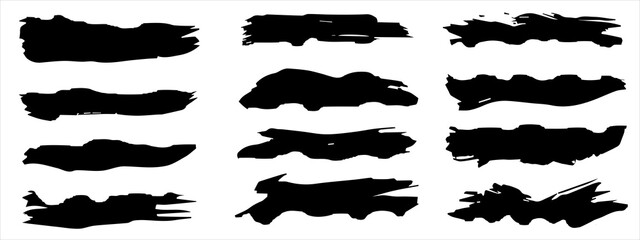 Vector collection of artistic grungy black paint hand made creative brush stroke set isolated on banner background. A group of abstract grunge sketches for design education or graphic art decoration