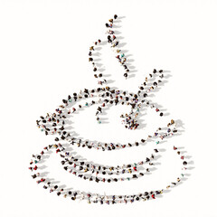 Concept or conceptual large community of people forming the image of a hot cup of tea on white background. A 3d illustration metaphor for traditional medicine, relaxation, health and diet