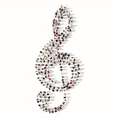 Concept or conceptual large community of people forming the image of a musical note on white background. A 3d illustration metaphor for music, concert, accoustic, orchestra, education and culture