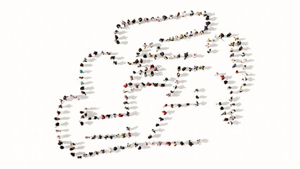 Concept or conceptual large community of people forming the image of a formula one car on white background. A 3d illustration metaphor for motorsport, competition, race, speed and power