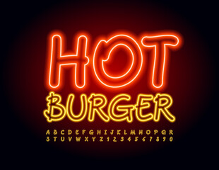 Vector glowing sign Hot Burger. Neon Artistic Font. Handwritten Alphabet Letters and Numbers set