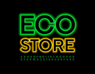 Vector glowing logotype  Eco Store.  Neon Alphabet Letters and Numbers. Electric creative Font